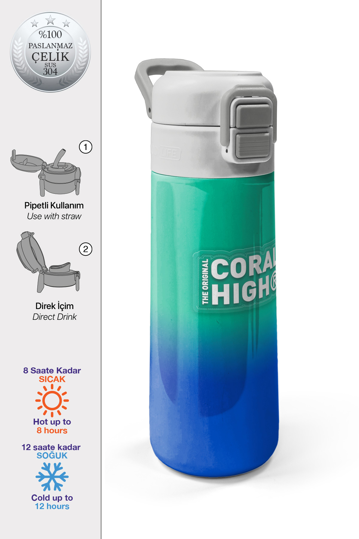 Kids Yeşil Saks Renk Geçişli Pipetli ve Direkt İçim Çelik Termos 500 ml 31839