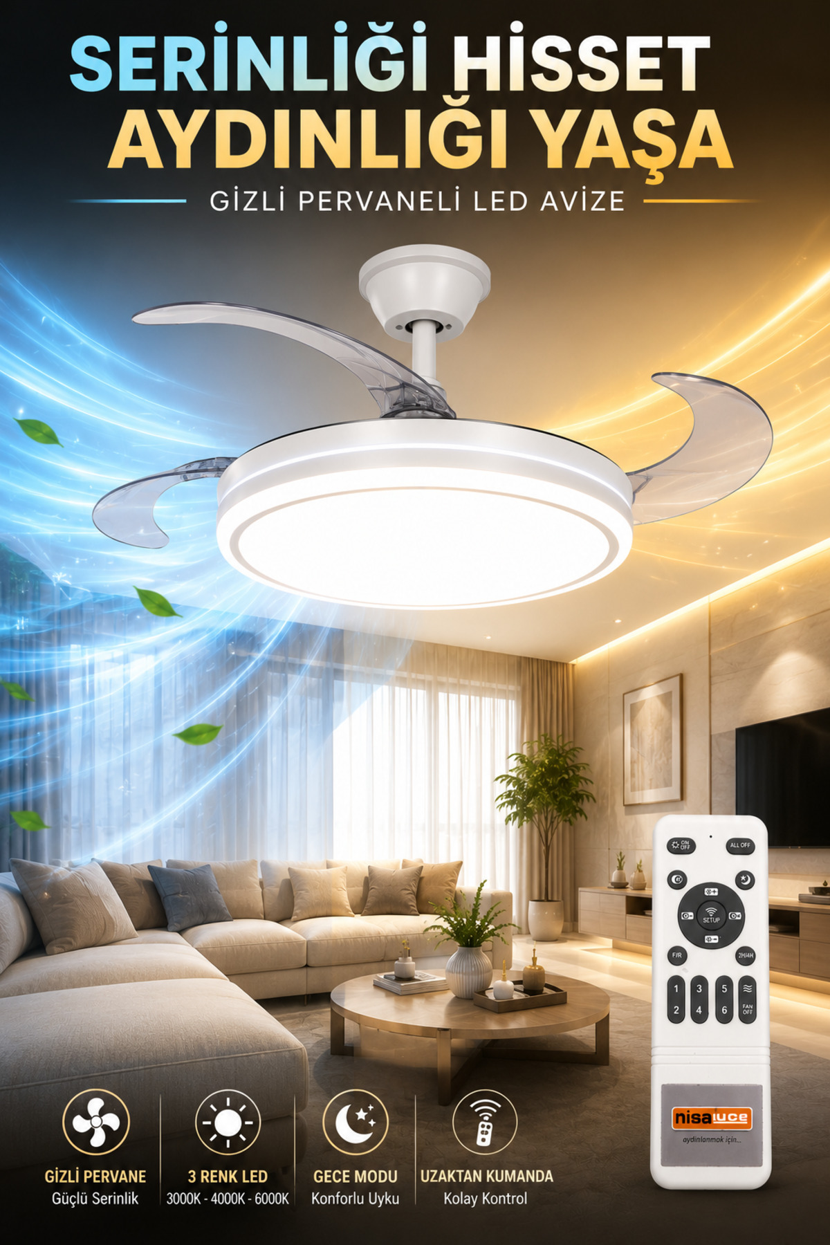 SUNNY WHITE || HIDDEN FIN Ceiling Fan with 3-Wing Controller || 3 Colors Lighting Lamp with Propeller Chandelier with Metal Fan SILENT OPERATION Ceiling Fan with Light Ceiling Fan Led Chandelier Hall