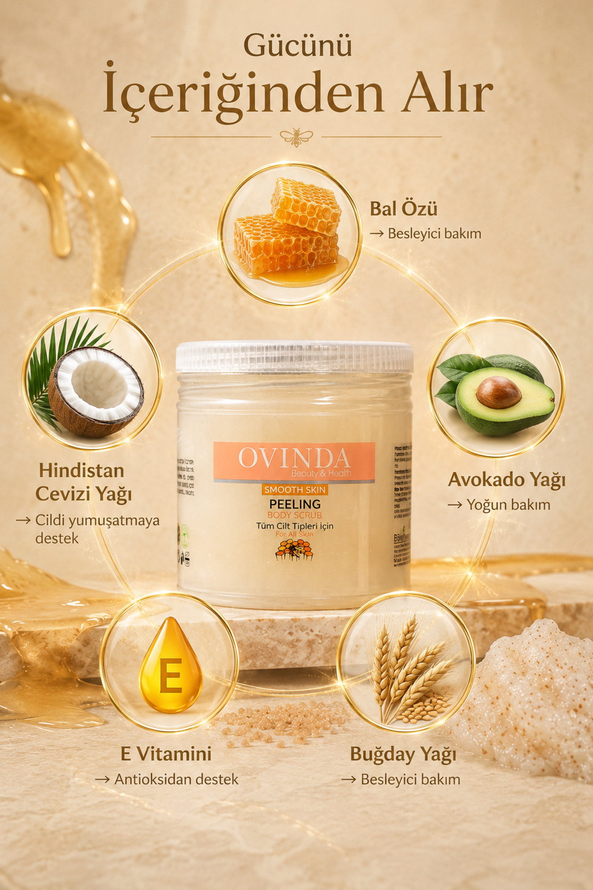 Ovinda Vücut Peelingi Bal Özlü Arındırıcı Nemlendirici Batık ve Selülit Görünümü Karşıtı Bakım 150 ml — OVD-01.04