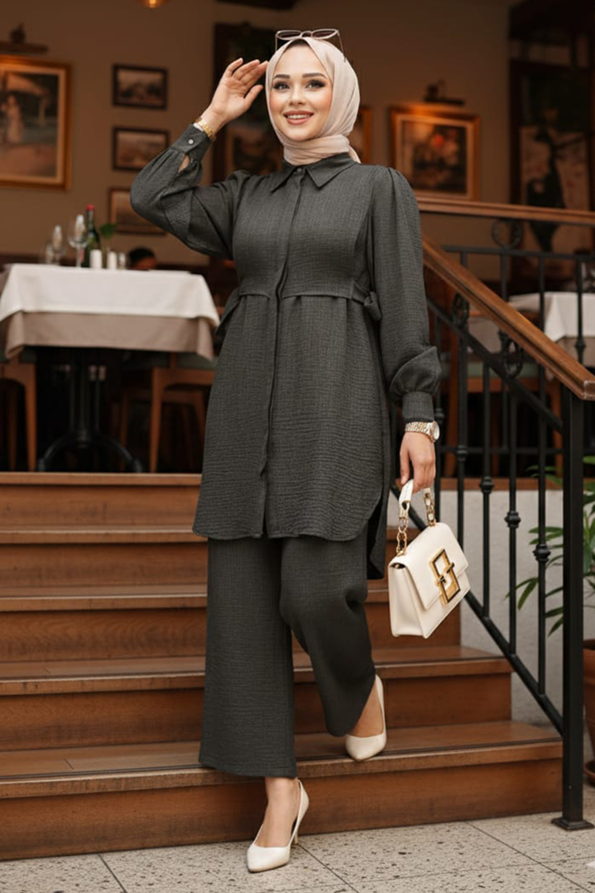 N.S NEVA STYLE Buttoned Black Hijab Double Suit 68351S