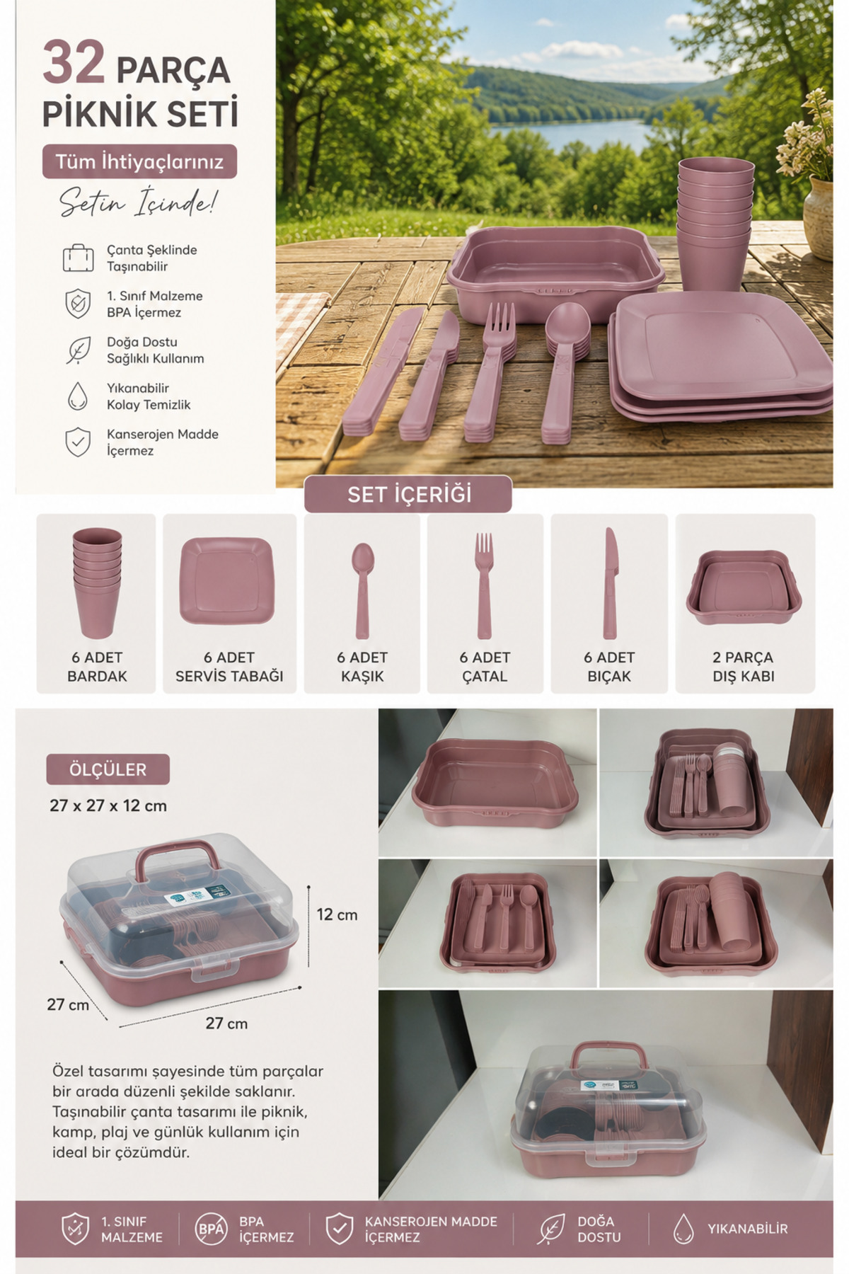 32 Parça 6 Kişilik Çantalı Magic Piknik Seti Pembe — görsel 2 · TFYITRDI54545