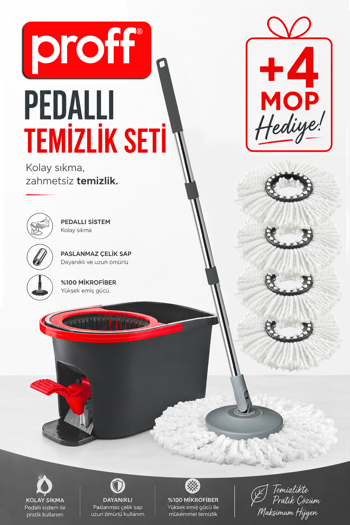 Proff Starex Pedallı Spin Mop Temizlik Seti 4 Yedek Mop Hediyeli