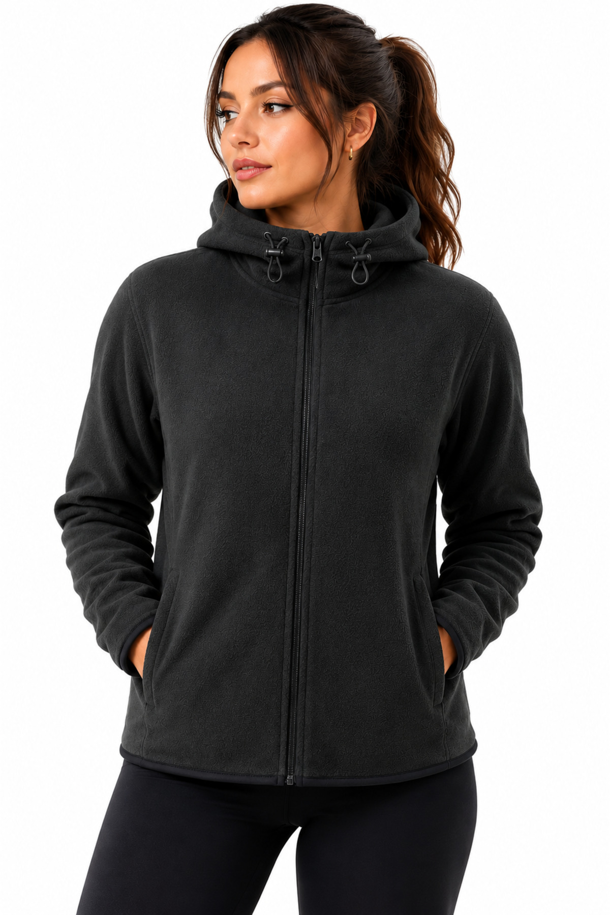 GHASSY CO Kadın Siyah Kapşonlu Fermuarlı Polar Sweatshirt