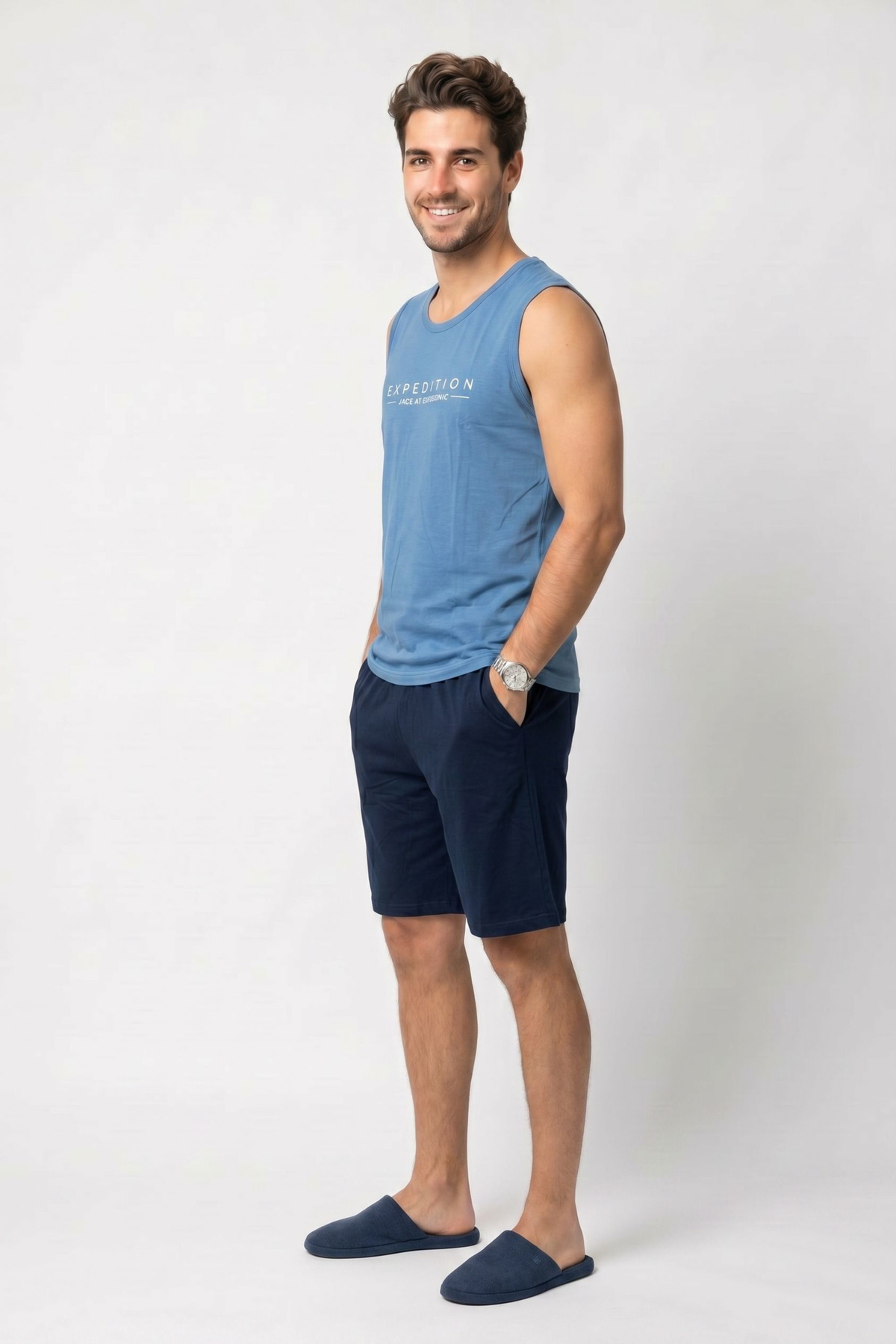 ÖZKAN underwear Özkan 1000-15-16-17 Erkek %100 Pamuklu Süprem Sıfır Kol Cepli Şortlu Pijama Takımı görsel 2