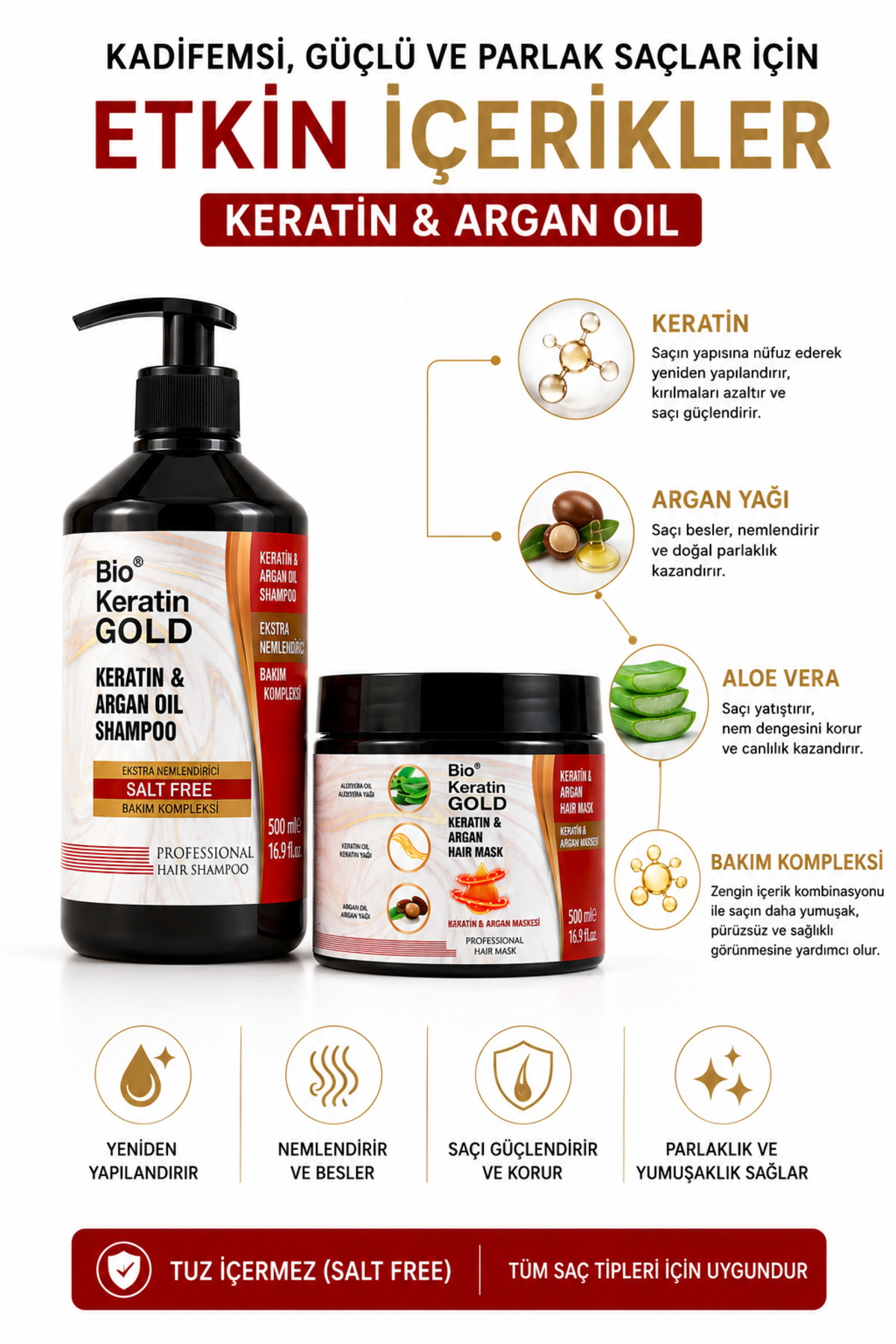 Argan&keratin Tuzsuz Şampuan 500 Ml + Argan&keratin Saç Bakım Maskesi 500 Ml — A506 — تصویر 5 از 6