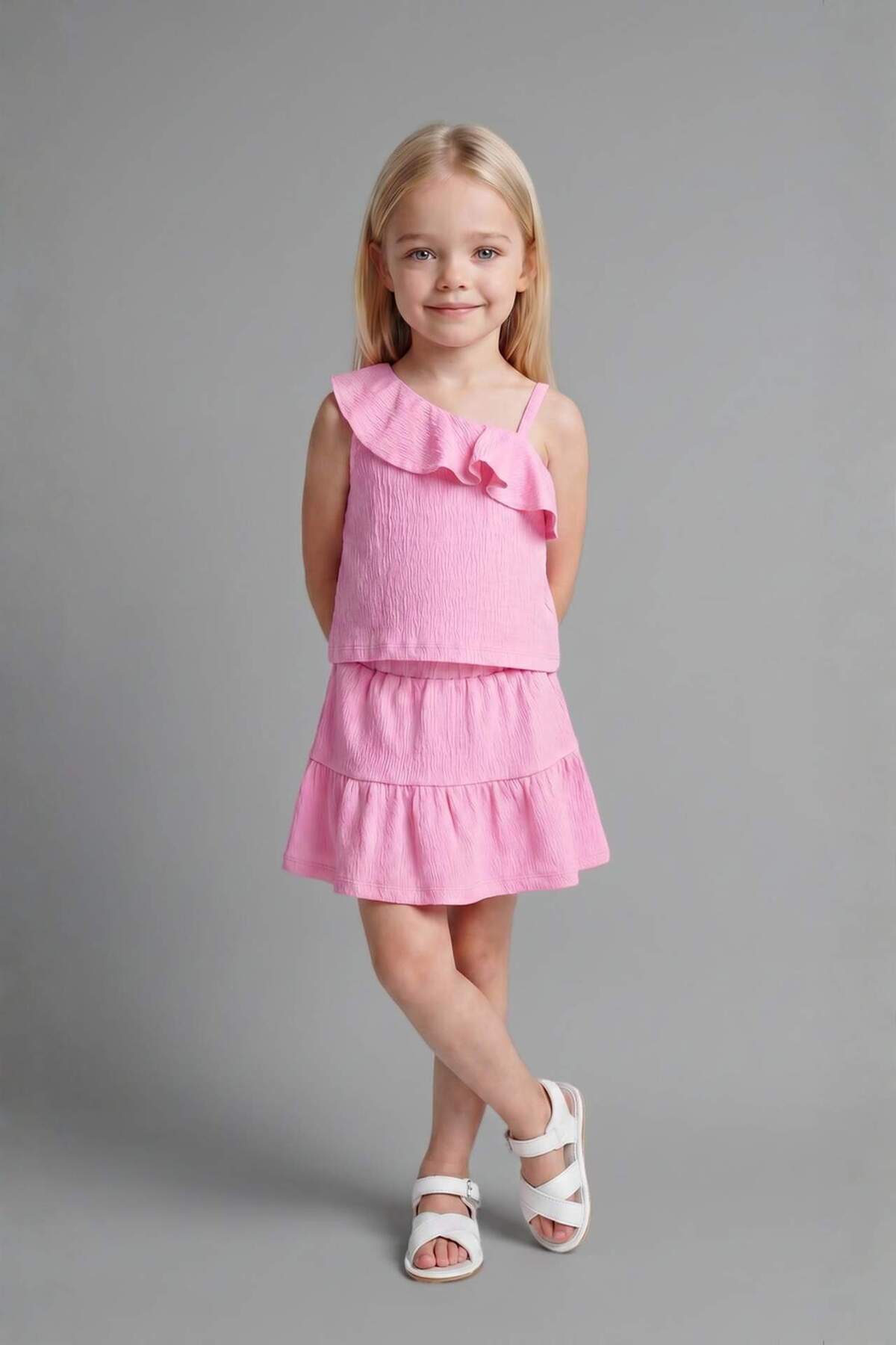 Defacto Wrinkled Textured Fabric 2-Piece Pink Set for Baby Girl I0050A526Hs