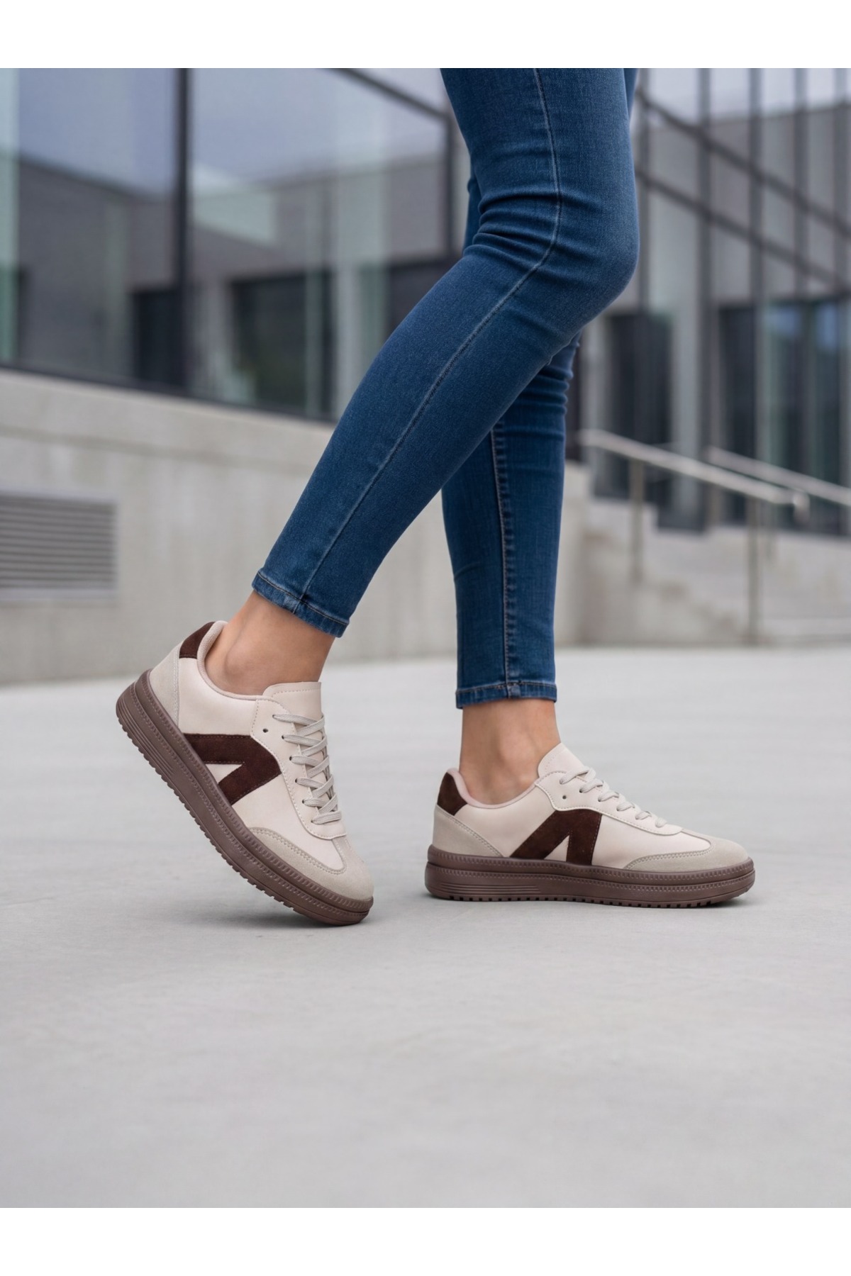 E SPORT Kadın Sneaker Yüksek Taban Ortopedik Bağcıklı Spor Ayakkabı Retro Bej-011 görsel 7