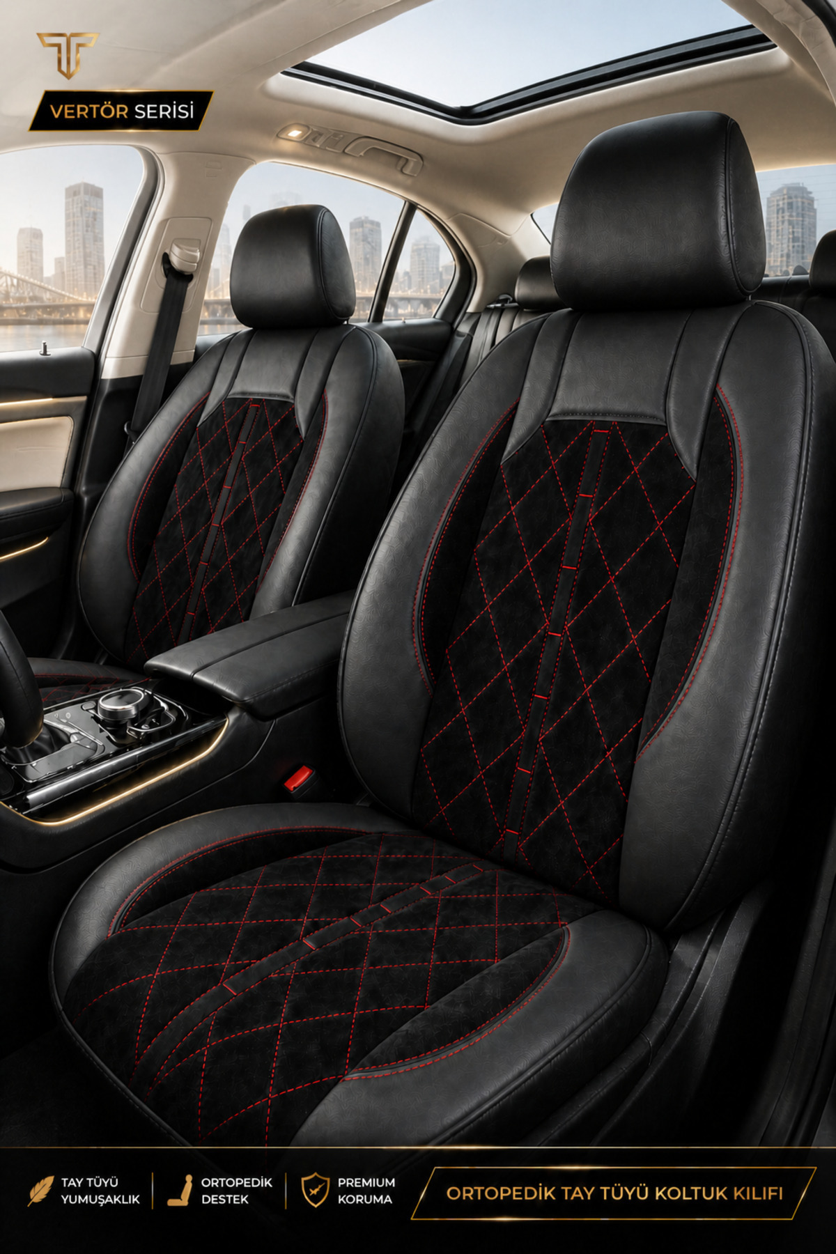 Hyundai Getz 2002-2009 Uyumlu Altar Serisi Tay Tüyü Siyah Kırmızı Premium Koltuk Kılıfı — alternatif görsel