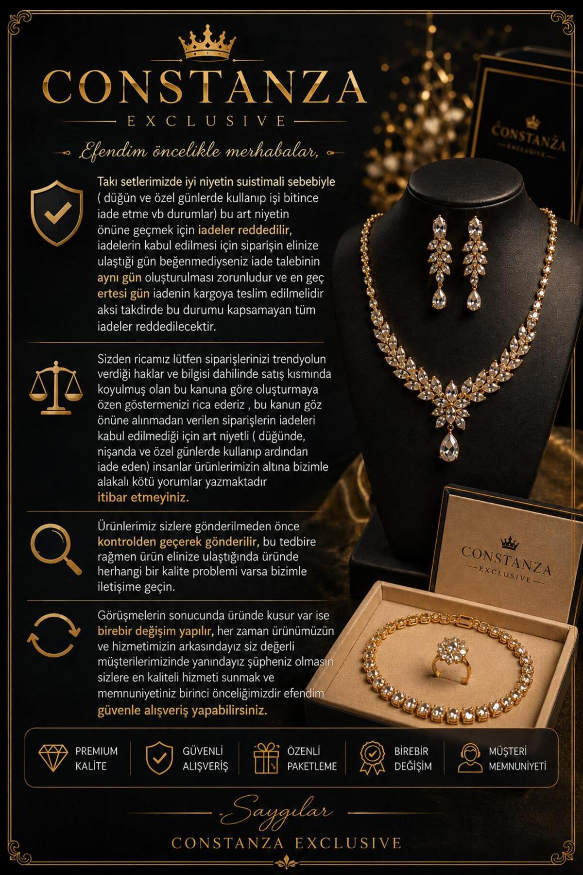 Constanza Exclusive Glamora Altın Kaplama Zirkon 4'lü Kolye Bileklik Küpe Yüzük Özel Tasarım Takı Seti Düğün Hediye görsel 6