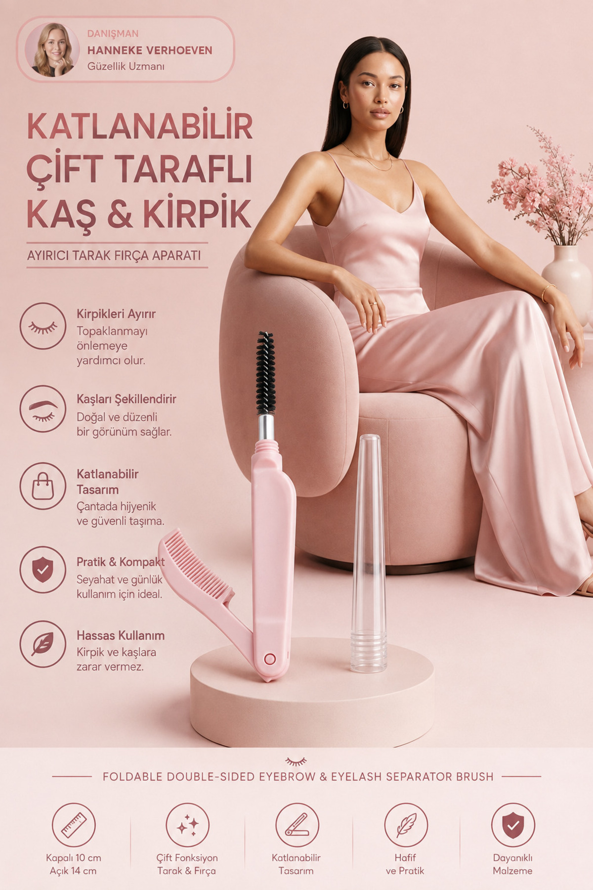 Kirpik Fırçası Kaş Tarağı Kaş ve Kirpik Fırçlı Tarak Katlanabilir Kaş Kirpik Maskara Ayırıcı Tarak Fırça Aparatı 14 cm 721402 — مشکی