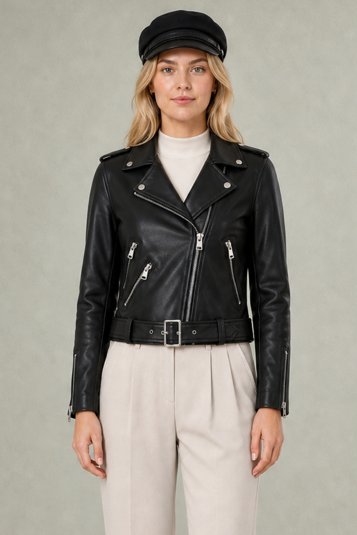Montland Women's Black Leather Jacket - Belt Detailed Zippered Crop Jacket