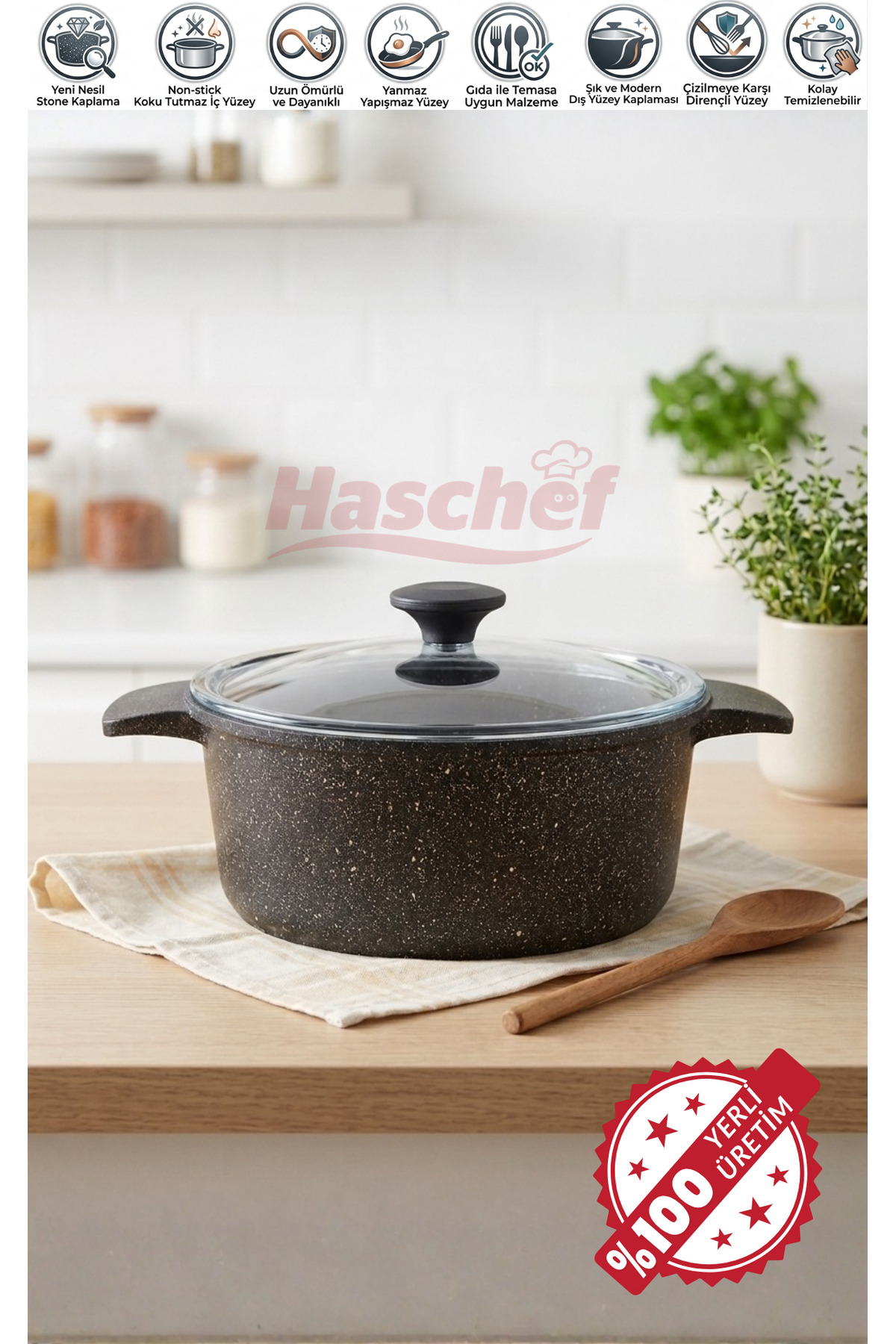 HASCHEF Kristal Döküm Yapışmaz Titanyum Kaplama Derin Tencere 24 Cm