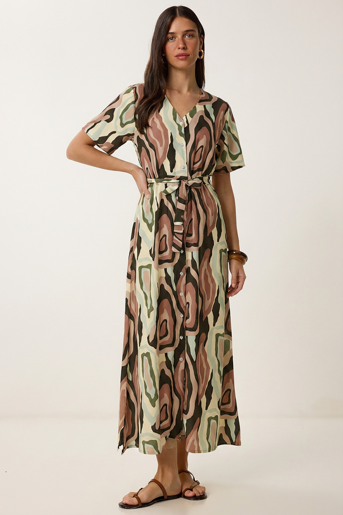 Patterned Belted Viscose Shirt Dress LRN0046 KHAKI water GREEN