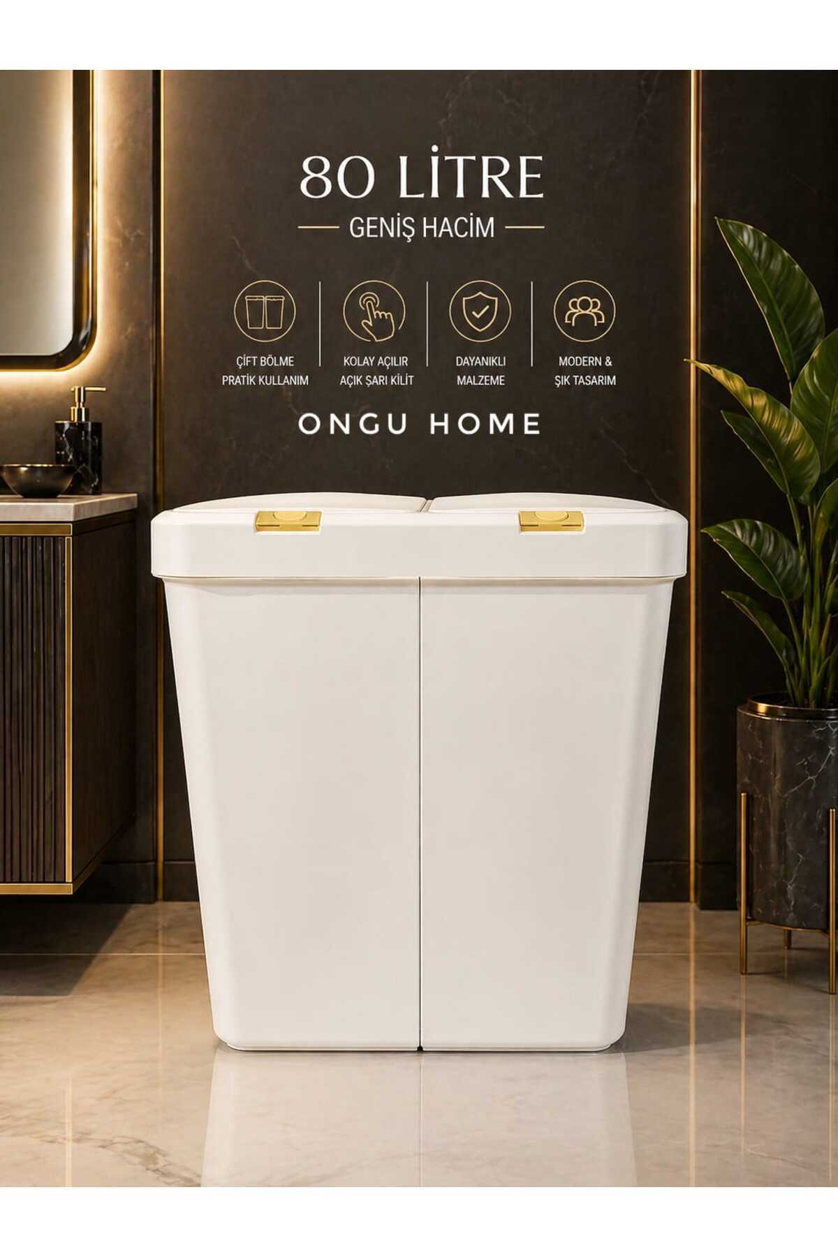 Laundry Basket 80 Liter Double Compartment - Dirty Clean Separation with Lid, Modern Design