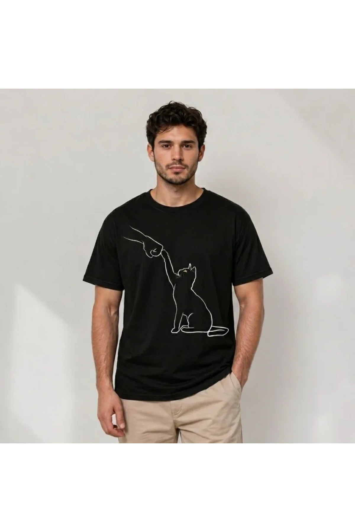 Erkek Minimal Kedi Çizim Baskılı Tişört Kısa Kol Yazlık T-Shirt - Siyah alternatif görünüm