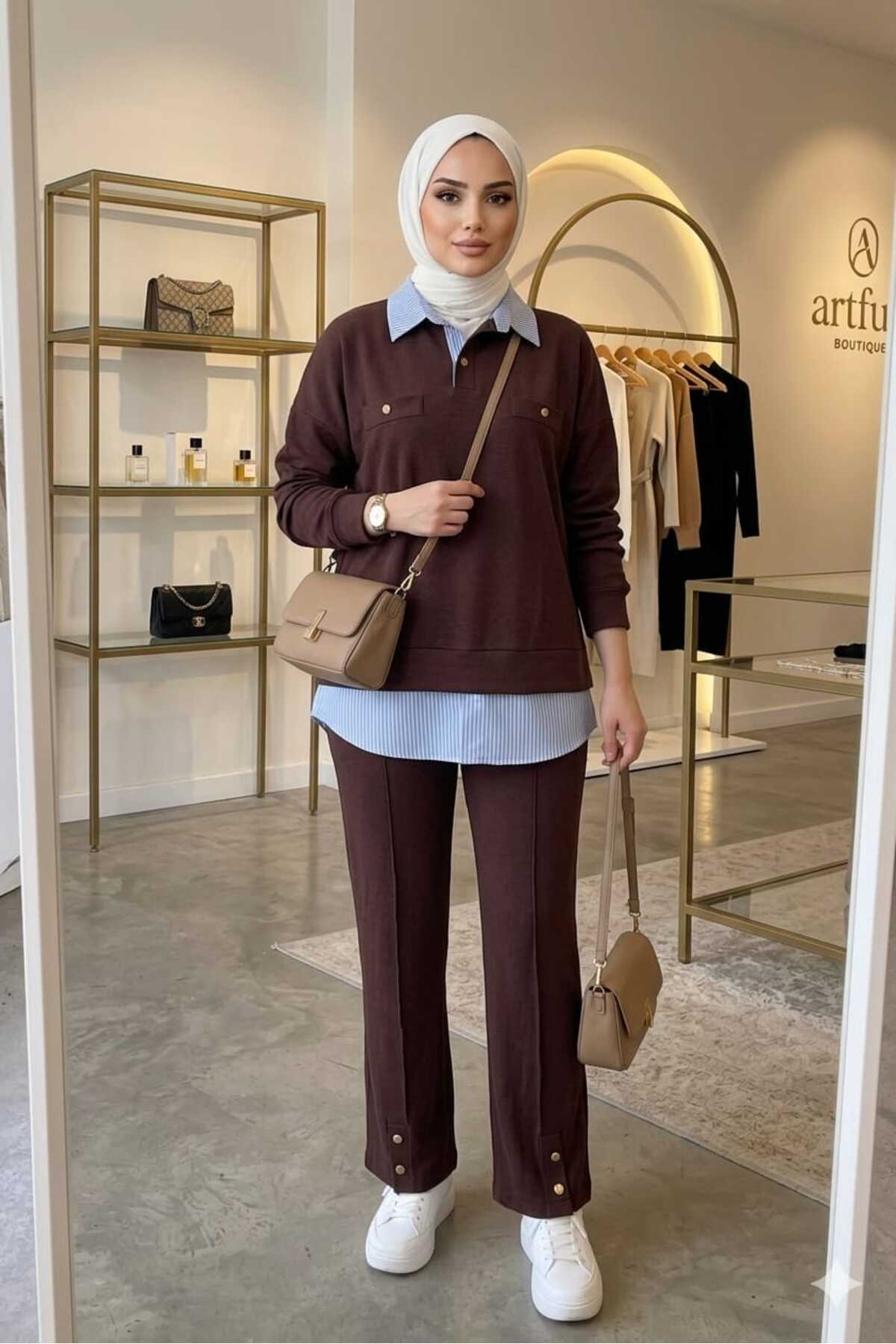 PEKA Women's Polo Collar Shirt Looking Like a Hijab Outfit, Top and Bottom Set