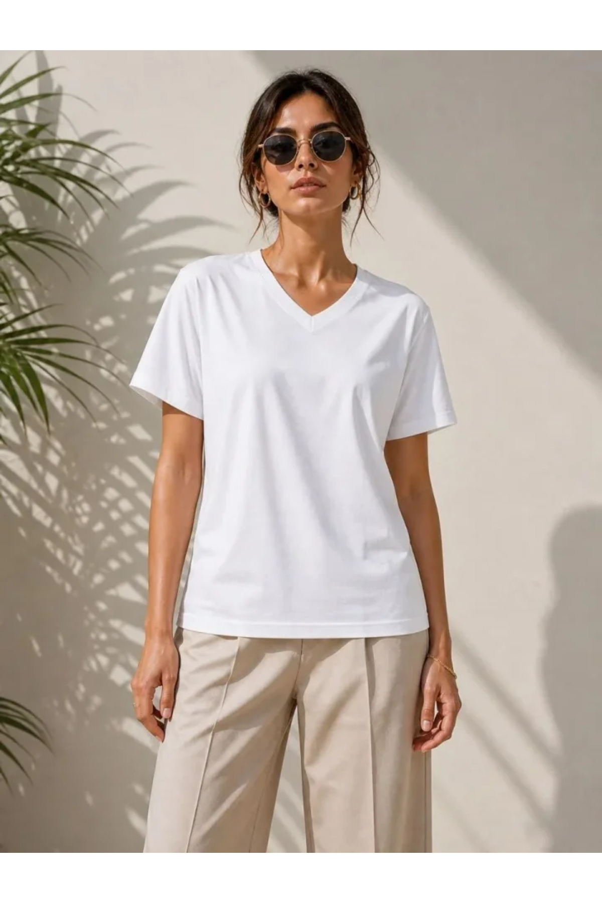 V Yaka Basic Tişört Kısa Kol Yazlık Regular Fit T-Shirt - Beyaz