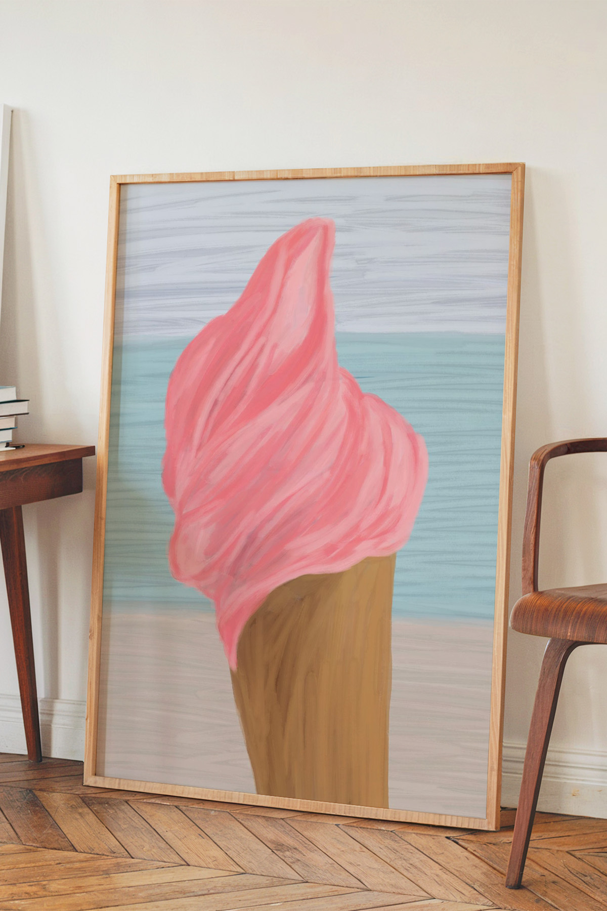 Pembe Dondurma Tablo Poster Yazlık Plaj Dekoru Modern İllüstrasyon Çerçevesiz