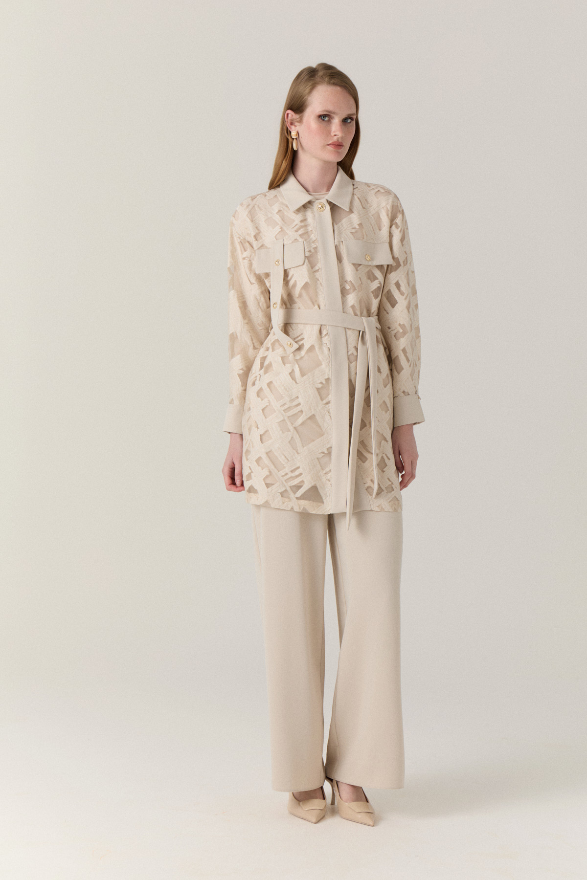 Zühre Belted Gold Button Detailed Textured Beige Suit 1776