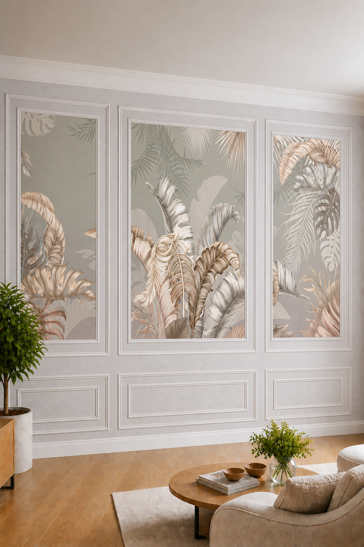 Modern Living Room Textile Wallpaper with Tropical Leaf Pattern with Wall Moulding Appearance