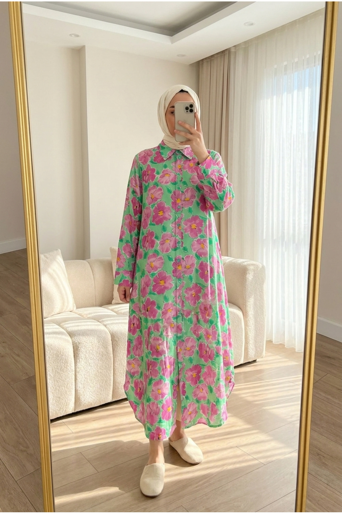Women Floral Full Length Button Hijab Shirt Dress