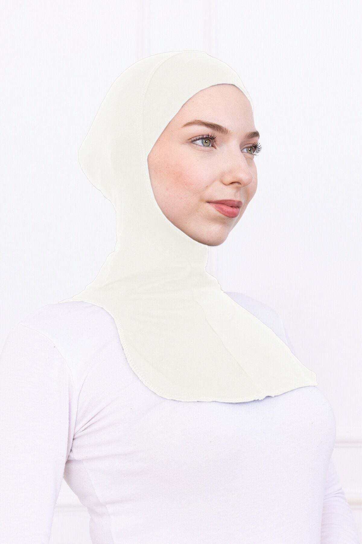 Ninja Bone Lycra Sports Cap with Neck Collar - Women's Ready-to-Use Practical Hijab-Ecru - Off-White