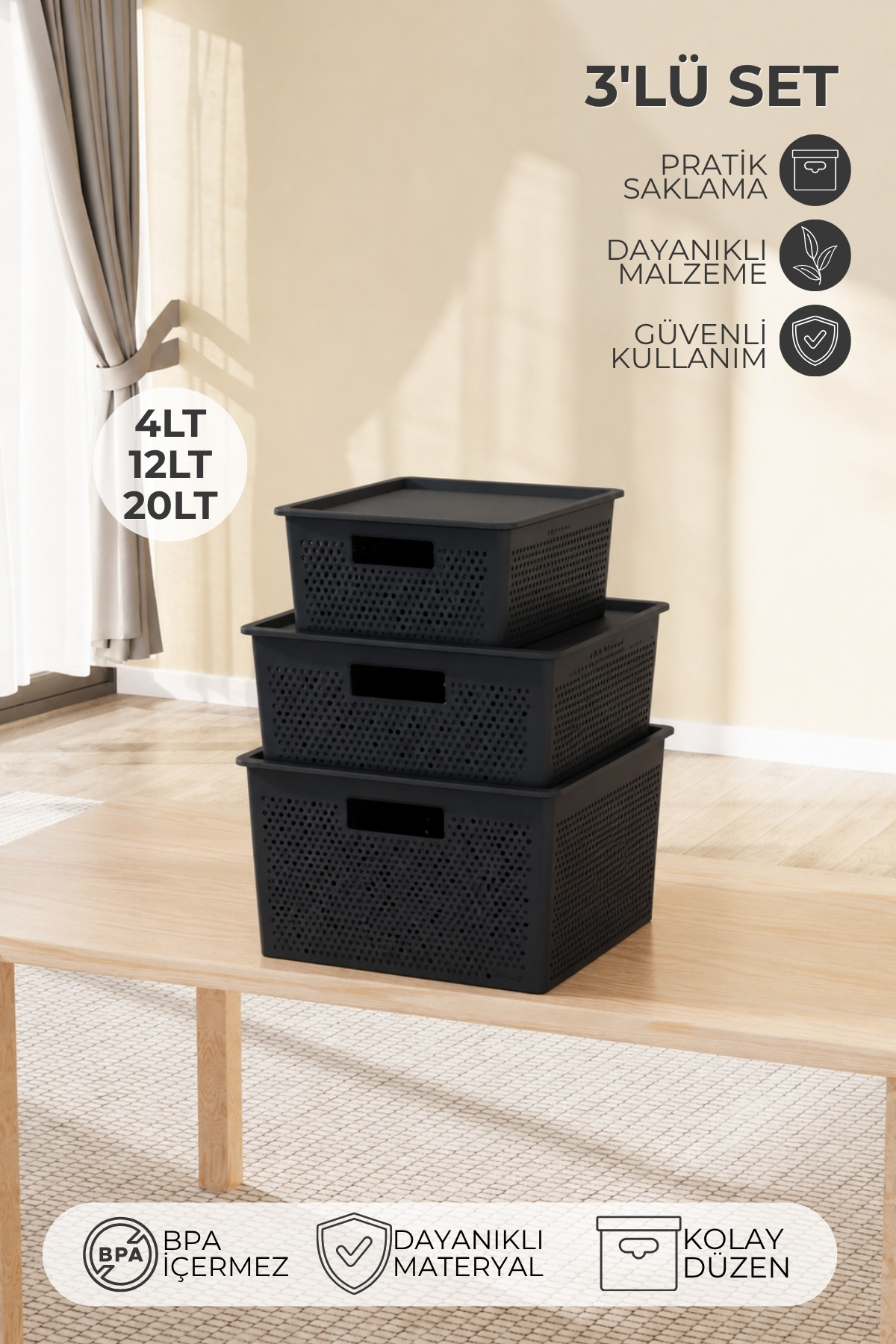 Nandy Home 3'lü Set Hava Delikli Seul Model Çok Amaçlı Saklama