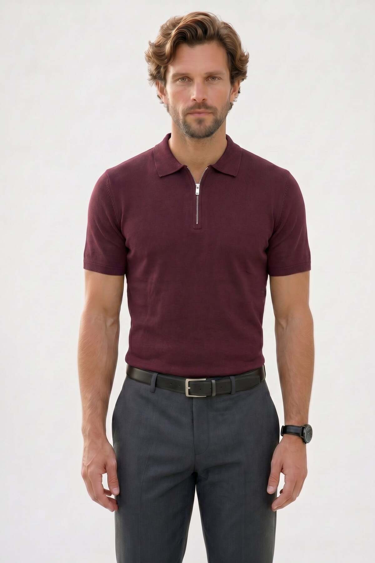 Men's Slim Fit Slim Fit Cotton Knitted Knitwear Zippered Claret Red Polo Neck T-Shirt