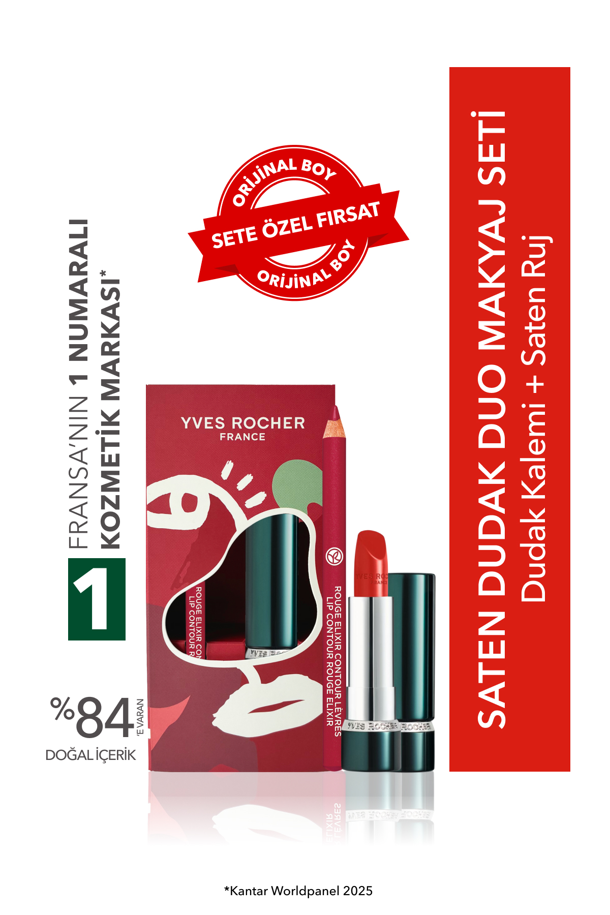 Yves Rocher Saten Dudak Duo Makyaj Seti-Dudak Kalemi-Kırmızı & Saten Ruj Açık Kırmızı - Fiyatı, Yorumları