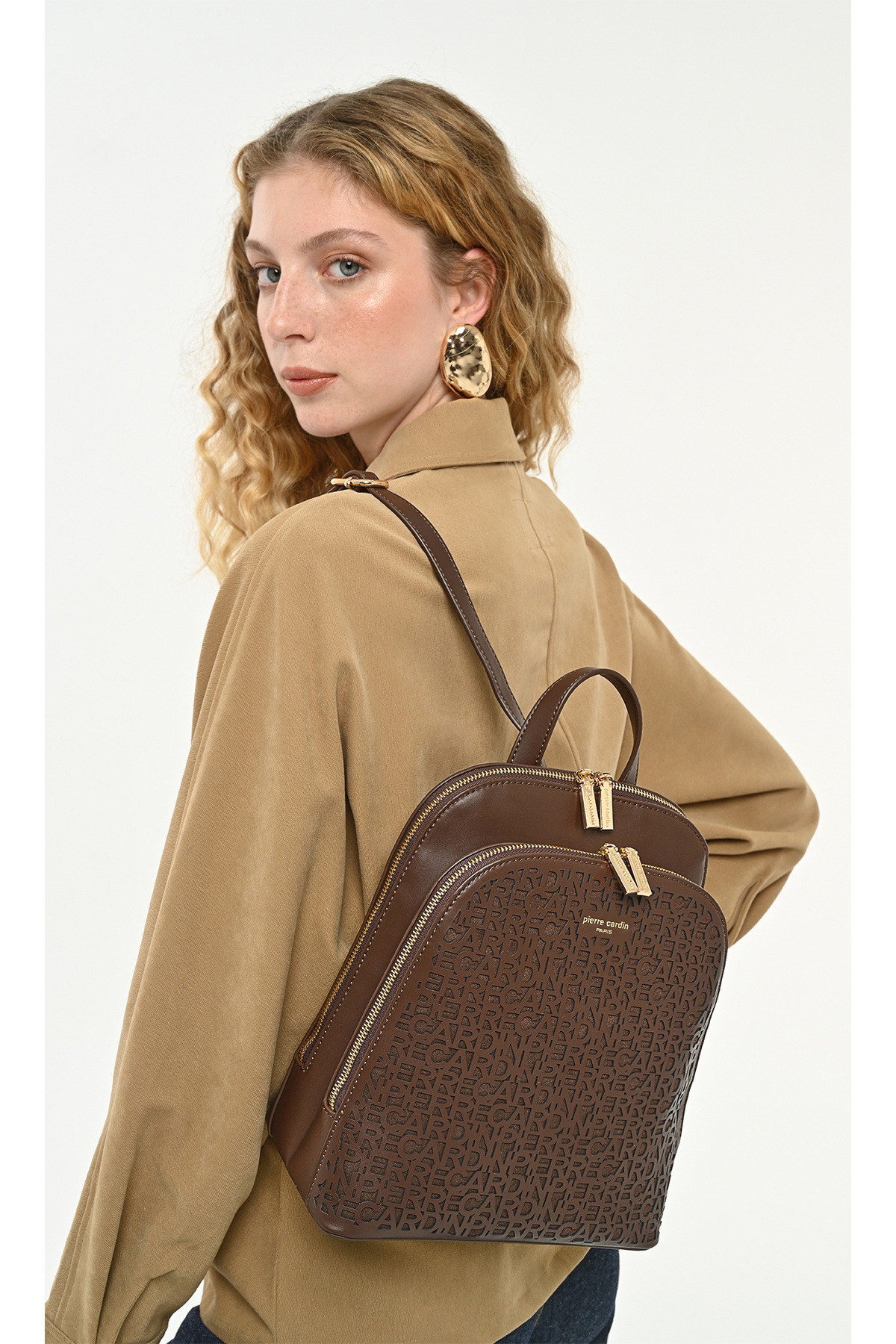 Pierre Cardin Kahve Lazer Kesim Logolu Kadın Çantası - 25x29 cm Çift Bölmeli Şık Sırt Çantası