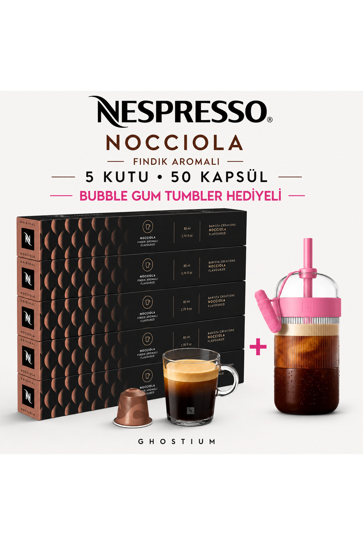 Nespresso Nocciola Fındık aromalı 50 Kapsül + Bubble Gum Tumbler