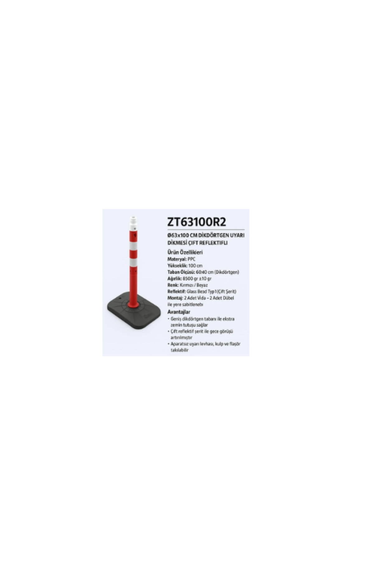 Dikdörtgen Uyarı Dikmesi | Çift Reflektifli – Kırmızı/beyaz – Ø63X100 cm