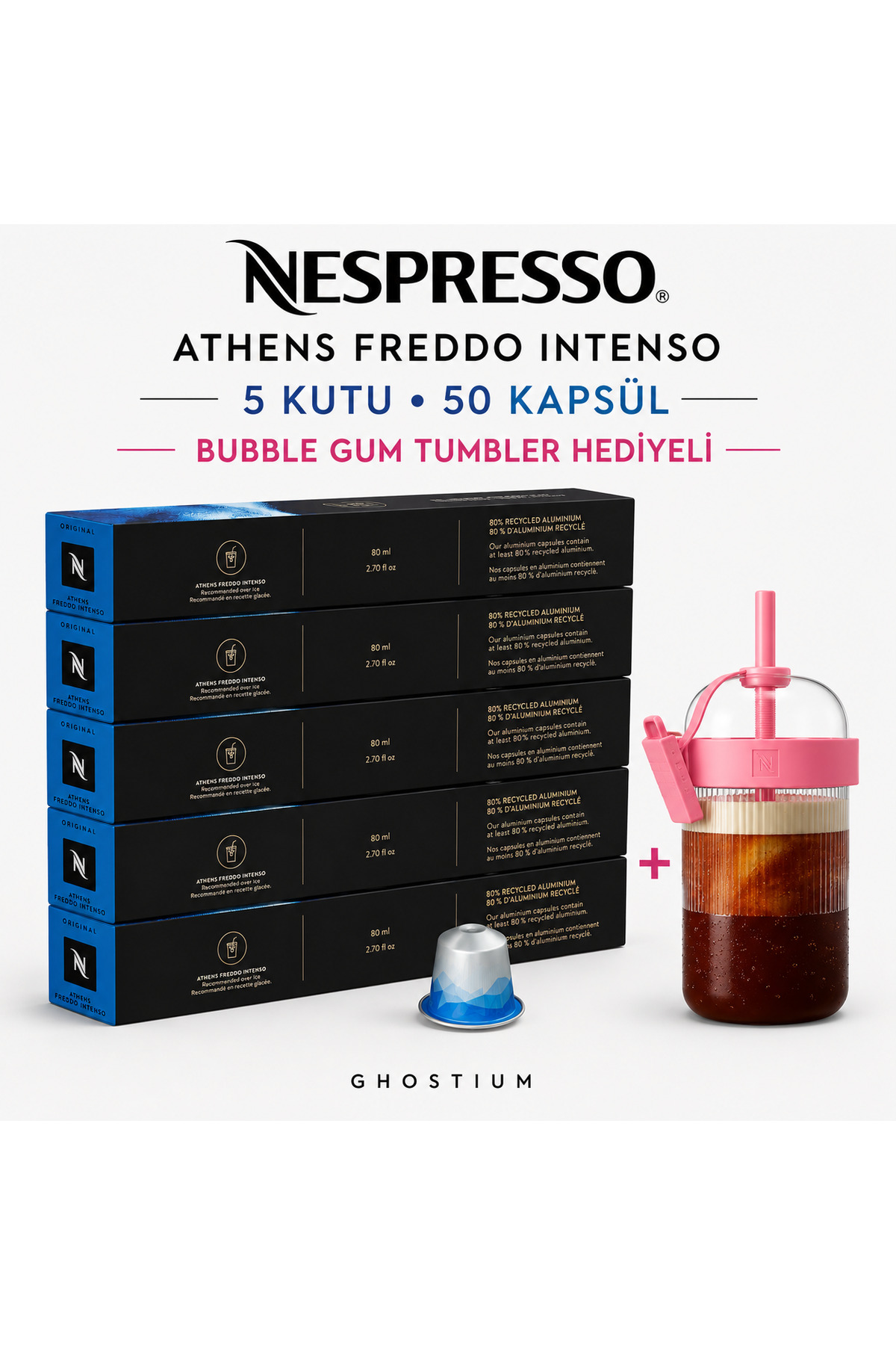 茶 nekorinS Nespresso Athens Freddo Intenso 50 Kapsül + Bubble Gum Tumbler