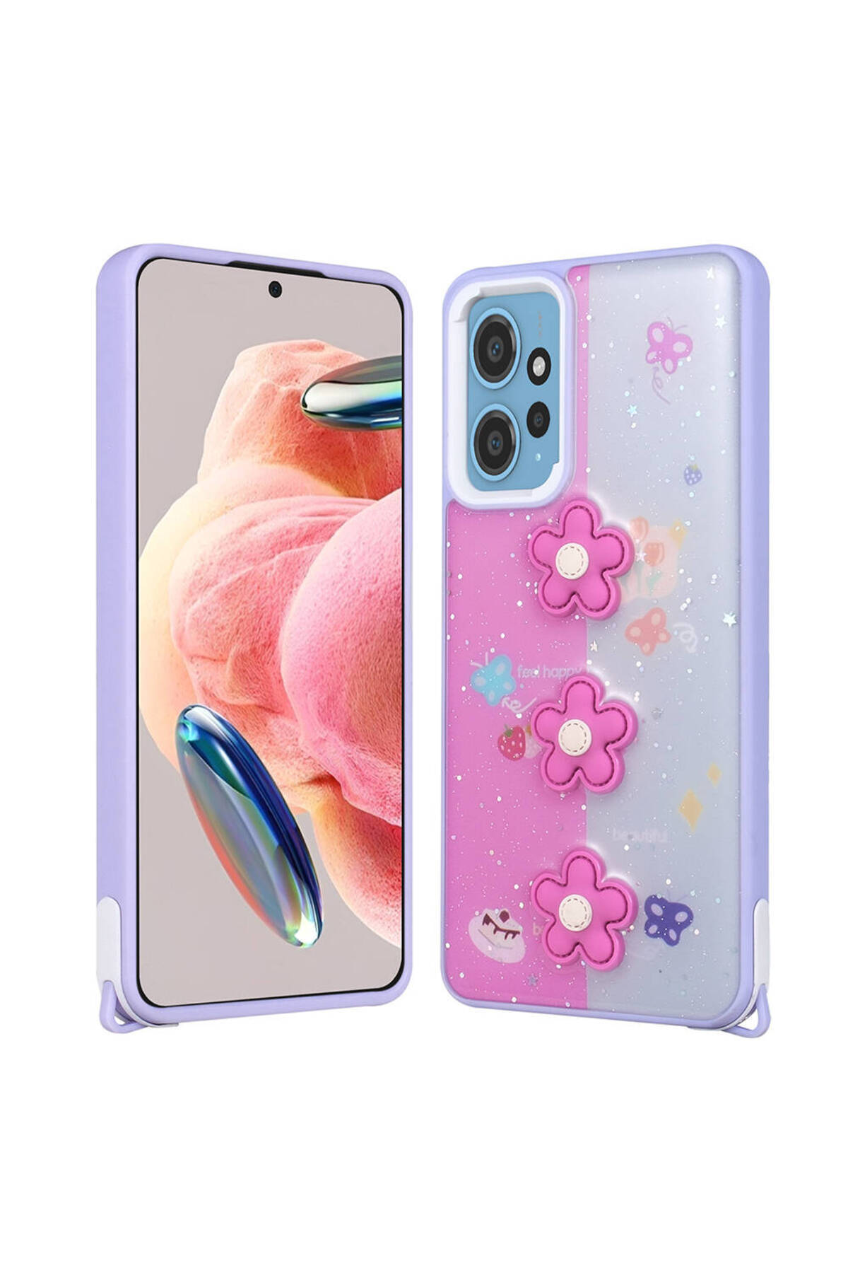 Redmi 12 4G Kılıf Parlayan Simli Kabartma Figürlü HNZM Cevze Kapak - Mor Papatya