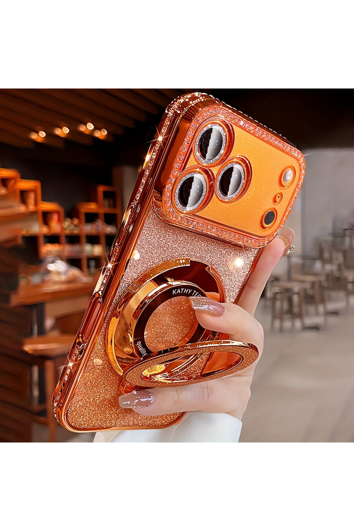 جراب هاتف فاخر بتصميم ماسي متدرج ولامع مع حامل حلق...