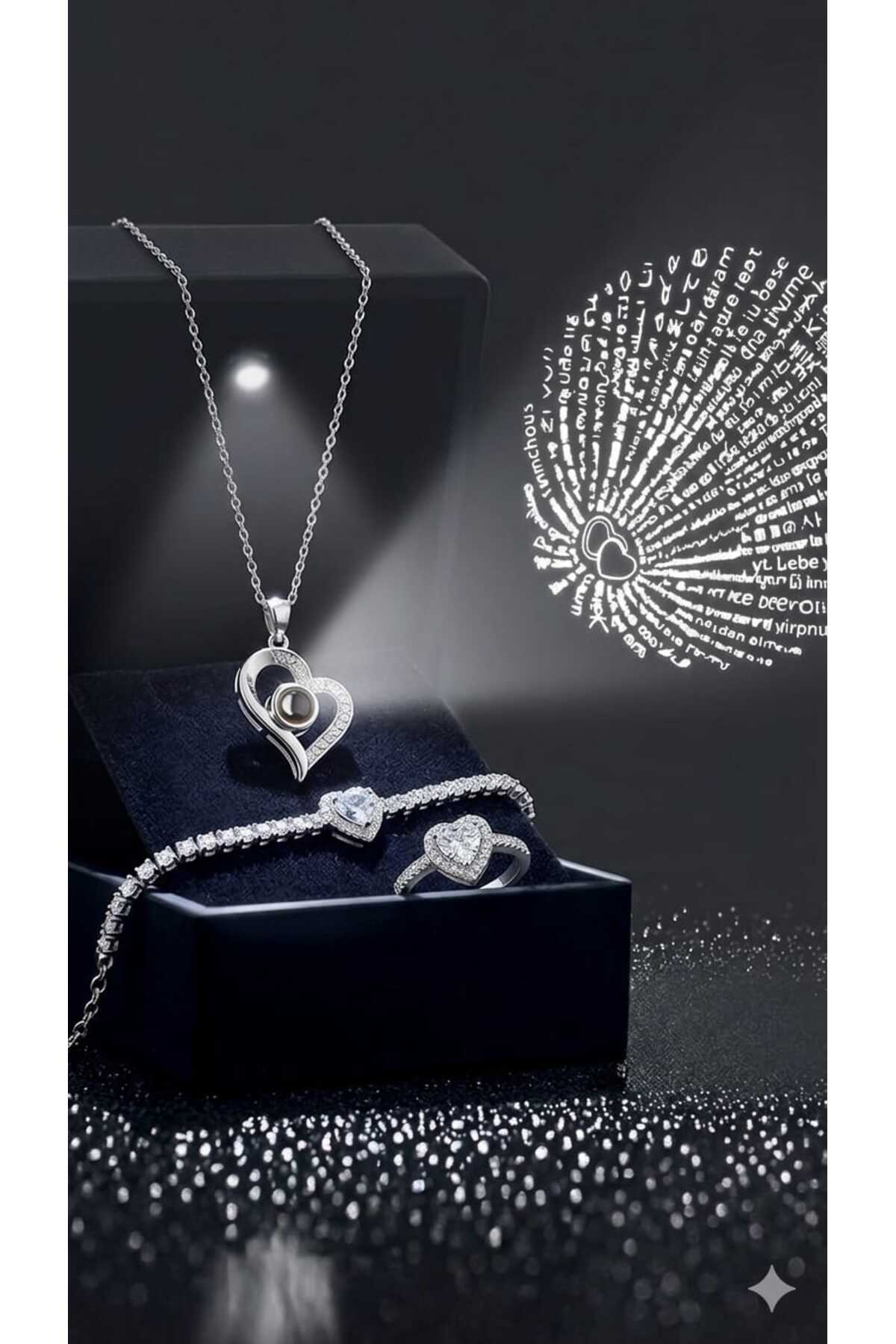 I Love You Necklace in 100 Languages Silver Heart Ring in Illuminated Box Serious Relationship Ring Heart Bracelet Valentine's Day Gift