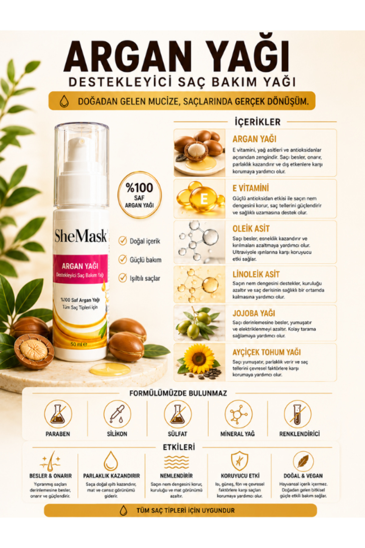 Argan Yağı Saç Yağı Saç Bakım Yağı E Vitaminli Isı Koruyucu Yıpranmış Saç Bakım Saç Isı Koruyucu Parlaklık Veren Besleyici Onarıcı Saç Bakımı Yağı Elektriklenme Karşıtı Saç Bakım Ürünleri Saç Vitamini — SheMask-Argan-Yağı-50ML — تصویر 5 از 8