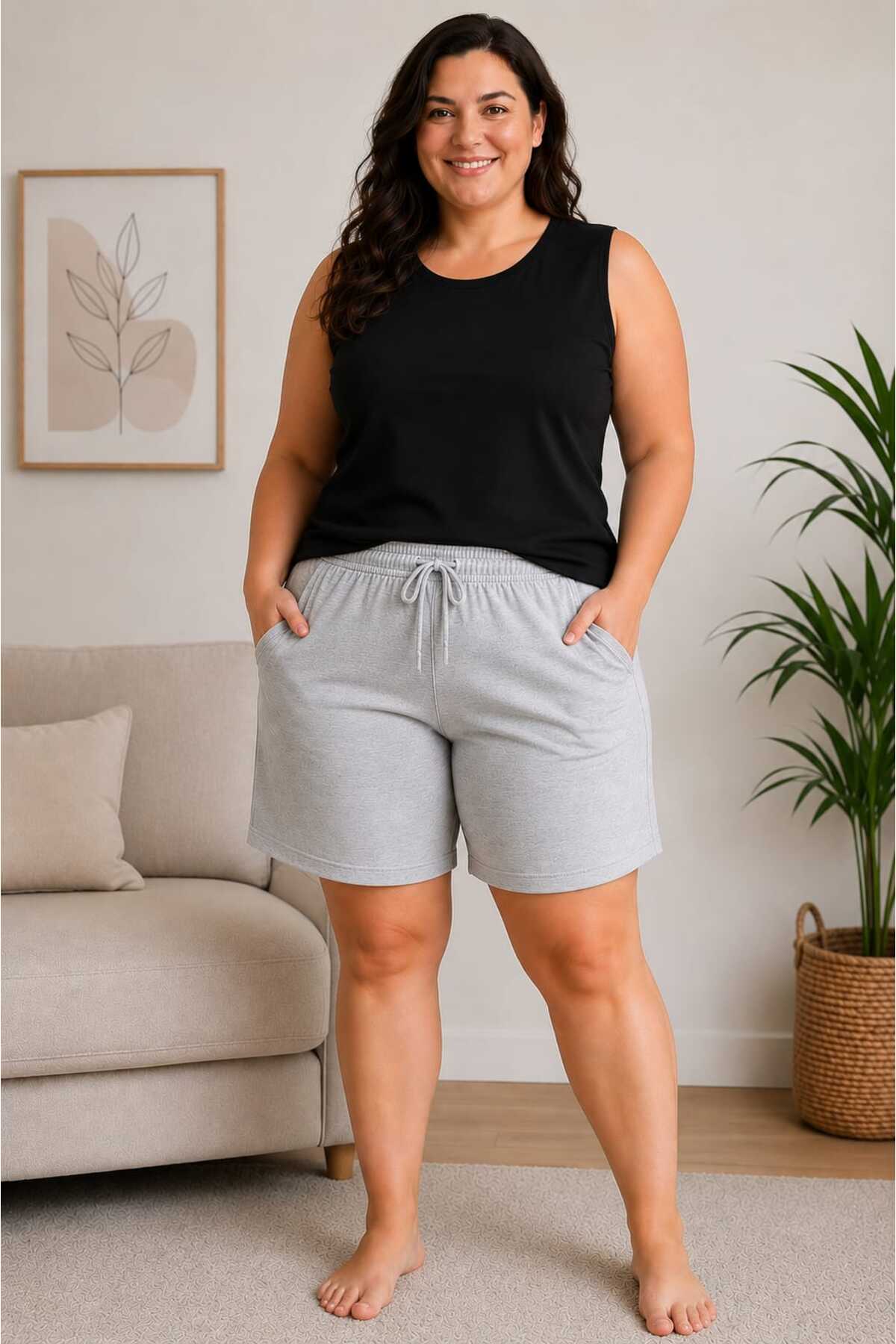 2-PIECE SET WOMEN 'S PLUS SIZE GRAY AND BLACK ZERO SLEEVE T-SHIRT AND BERMUDA POCKET SHORTS