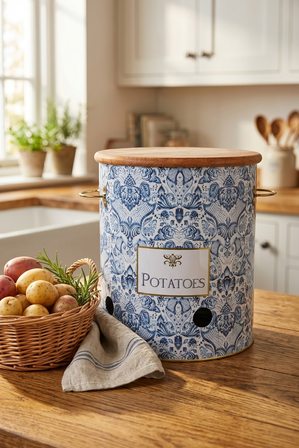 Azulejos Ahşap Kapaklı Metal Patateslik - 9 lt / Ø225x240 mm — Patates Soğan ve Sarımsak Saklama Kabı — görsel 1 / 6 — Tinbox
