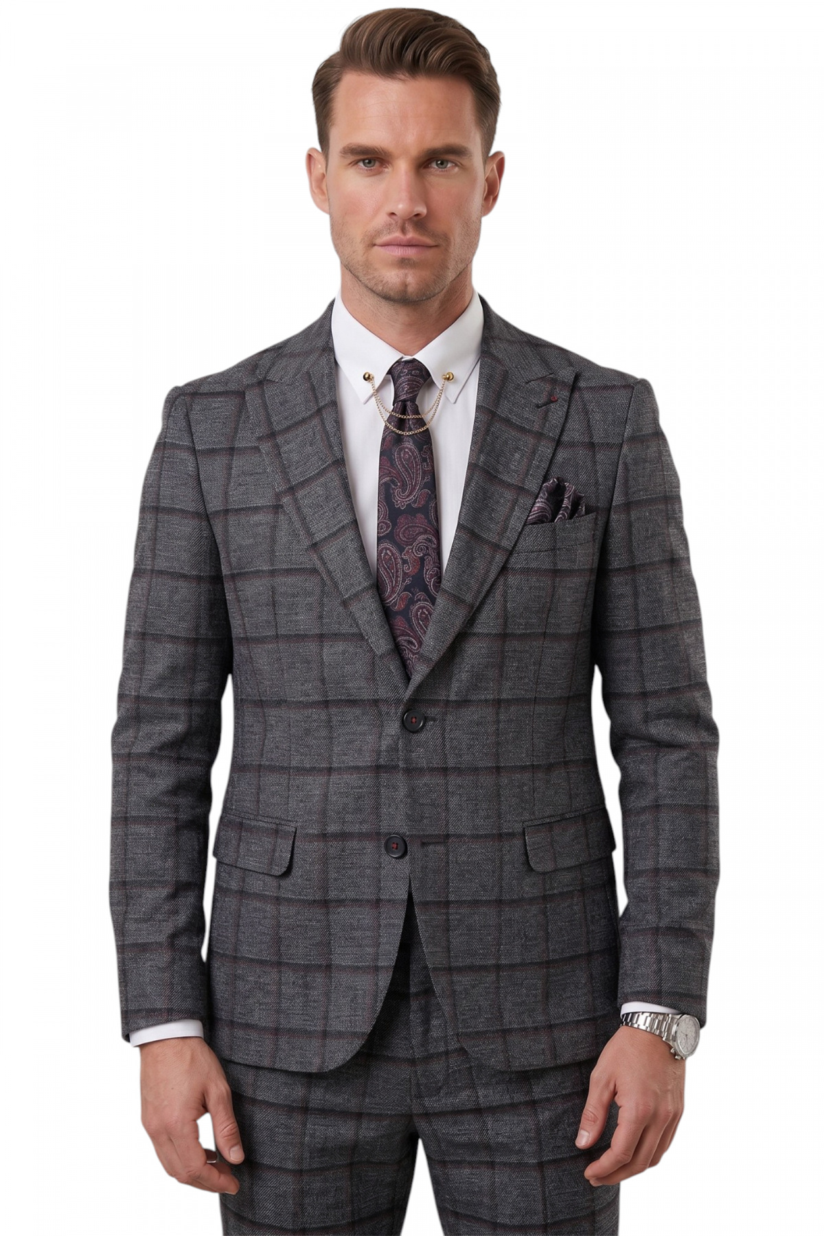 Antrasit Kare Desenli Slim Fit Erkek Takım Elbise – Çift Düğme Çift Yırtmaç 2’li Takım 2601812 — رنگارنگ OWEEY2601812