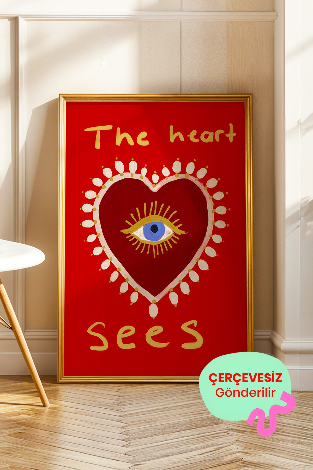 Gözlü Kalp Poster Kırmızı Modern Duvar Dekoru Çerçevesiz