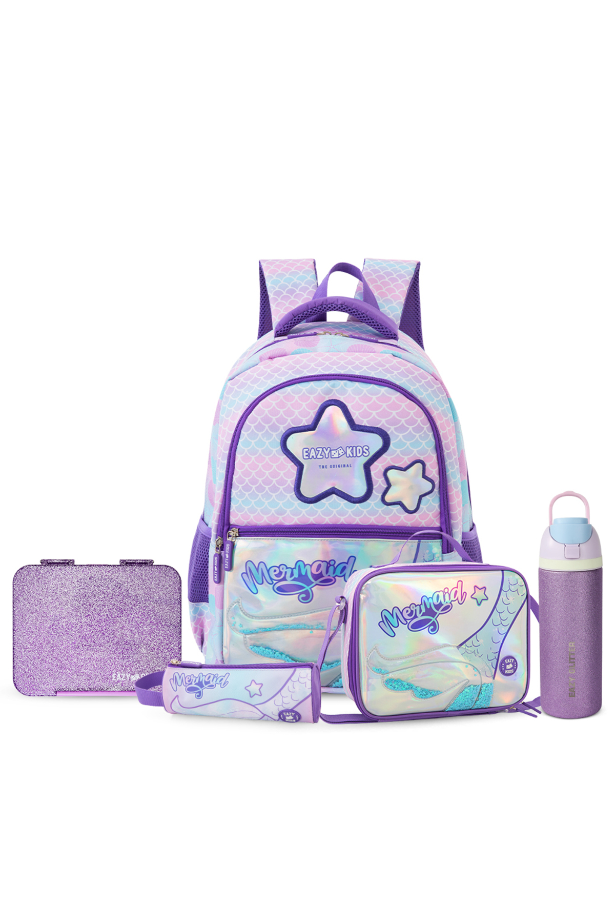 Eazy Kids 16” School Bag Set of 3 w/ Stainless Steel Glitter Water Bottle & Convertible Bento Lunch Box – Purple