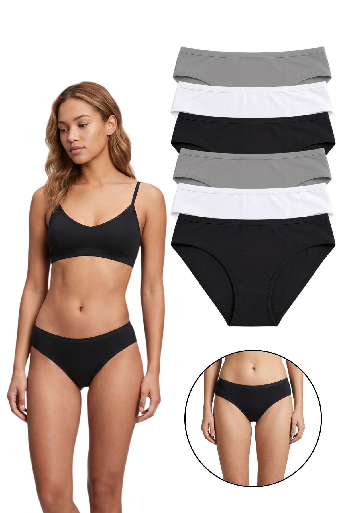 ExLove Ženski set od 6 pamučnih bikinija - 3 boje: osnovna, crna, bela, siva