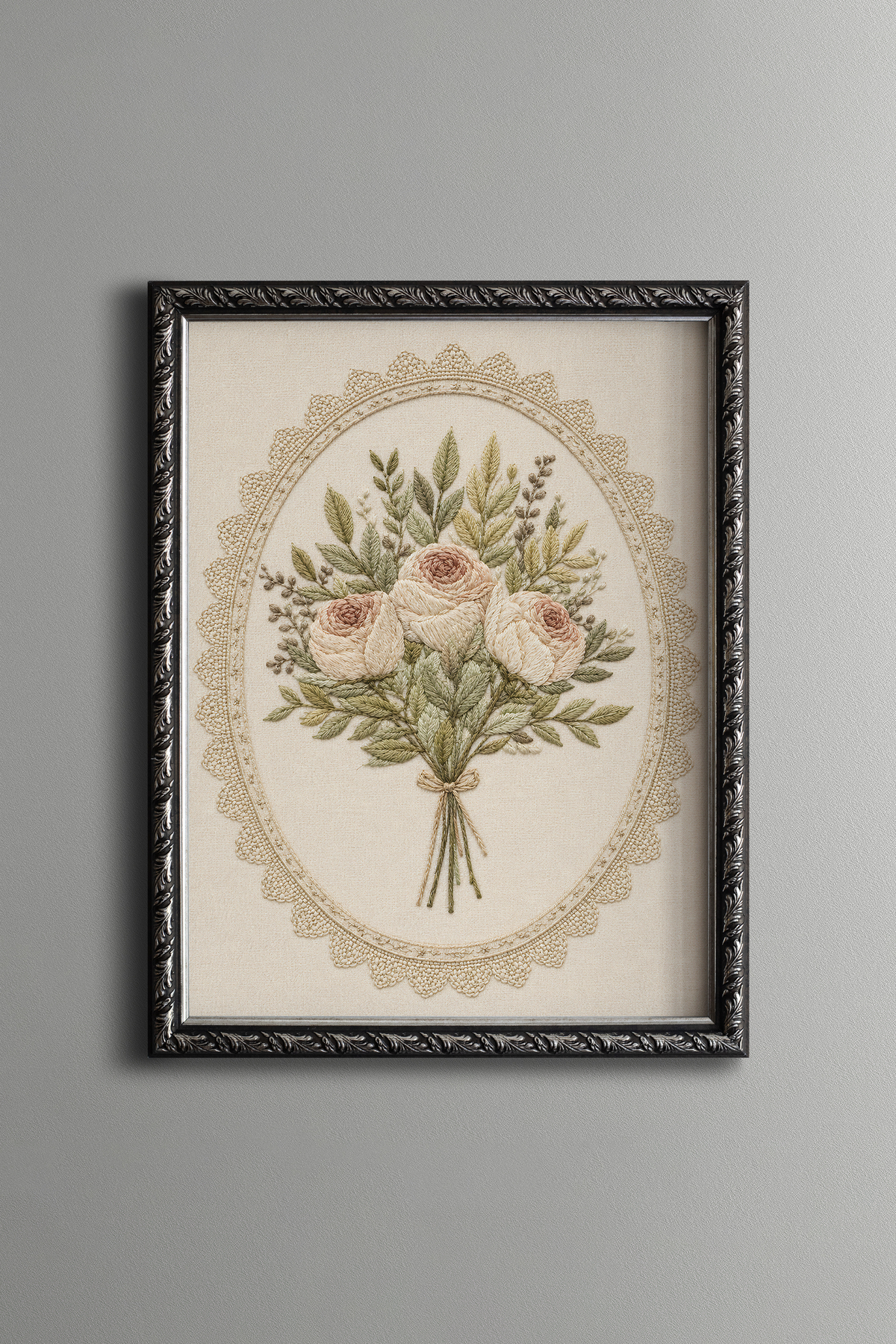 Pastel Roses with Embroidery Look - Vintage Pattern Frame - Slim Model