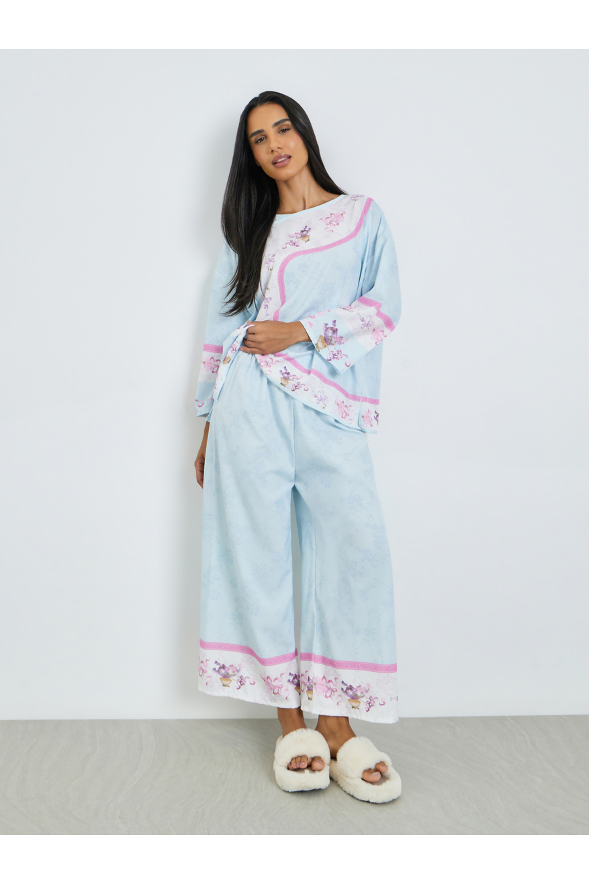 Styli Blue Floral Print Long Sleeve Top and Pyjama Set