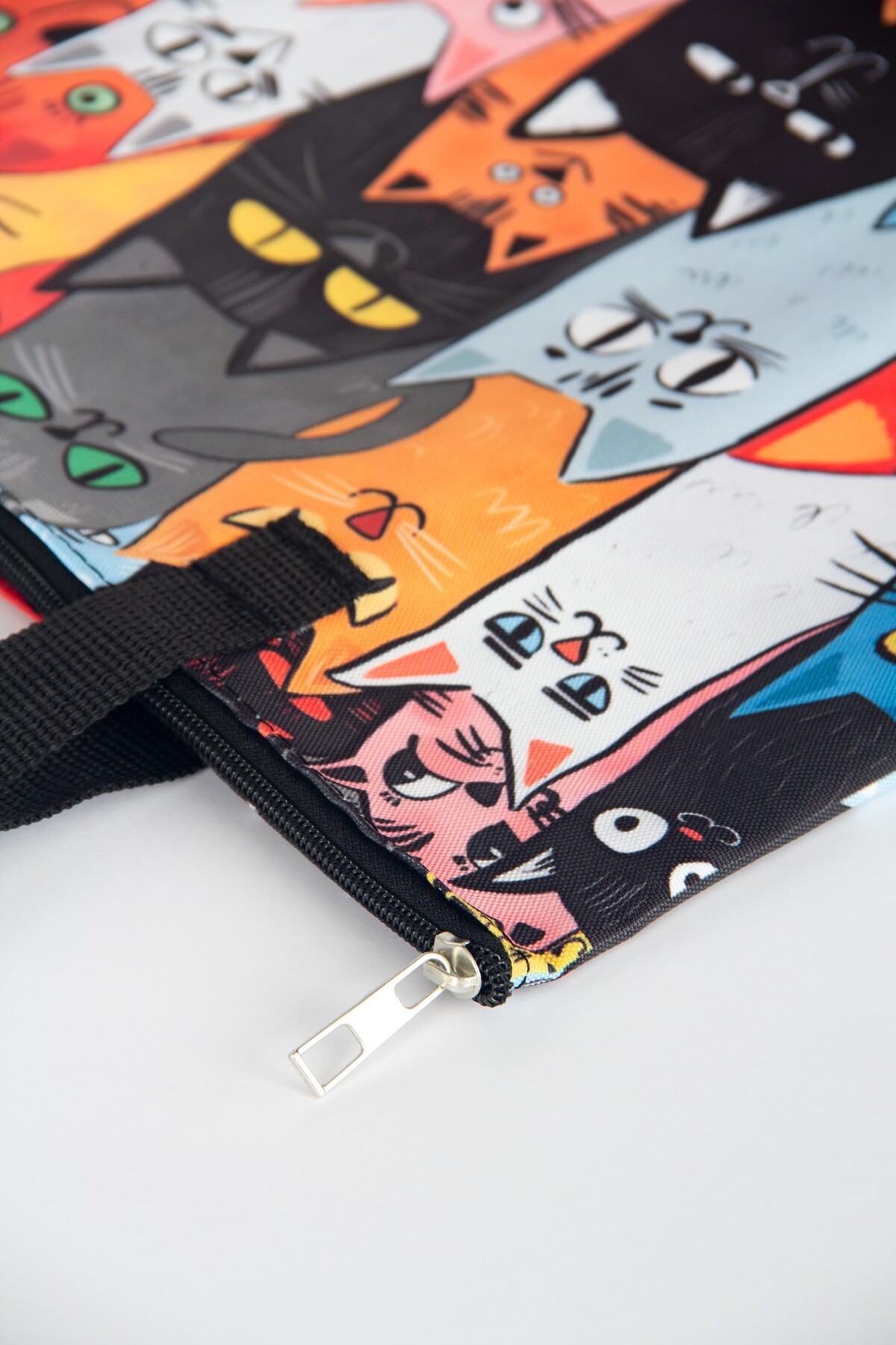 BYBAG Renkli Kedi Desenli Omuz Çantası Kadın Tote Bag Oxford Kumaş Fermuarlı İç Cepli Çift Taraflı Baskılı görsel 4