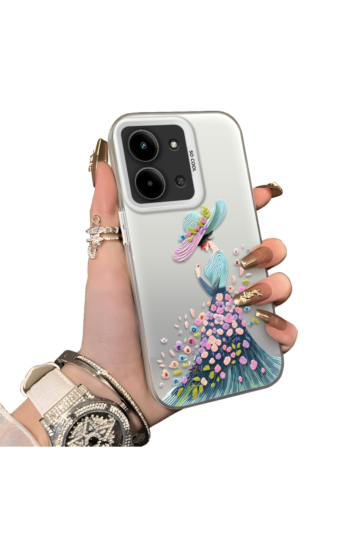 Redmi 15c 5G Compatible Silicone Edge Hard Back Case Couple Phone Case with Pretty Girl Pattern