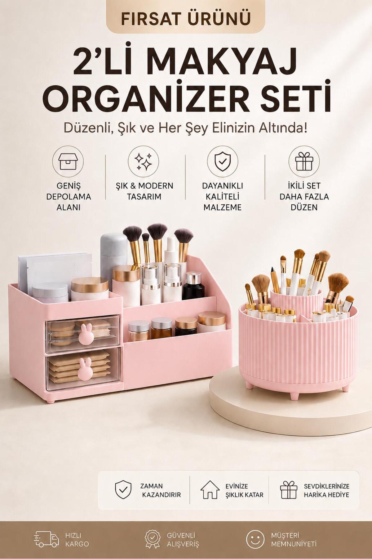 Makeup Organizer Rabbit with Drawer and 360 Degree Rotating 5 Compartment Double Set Pink