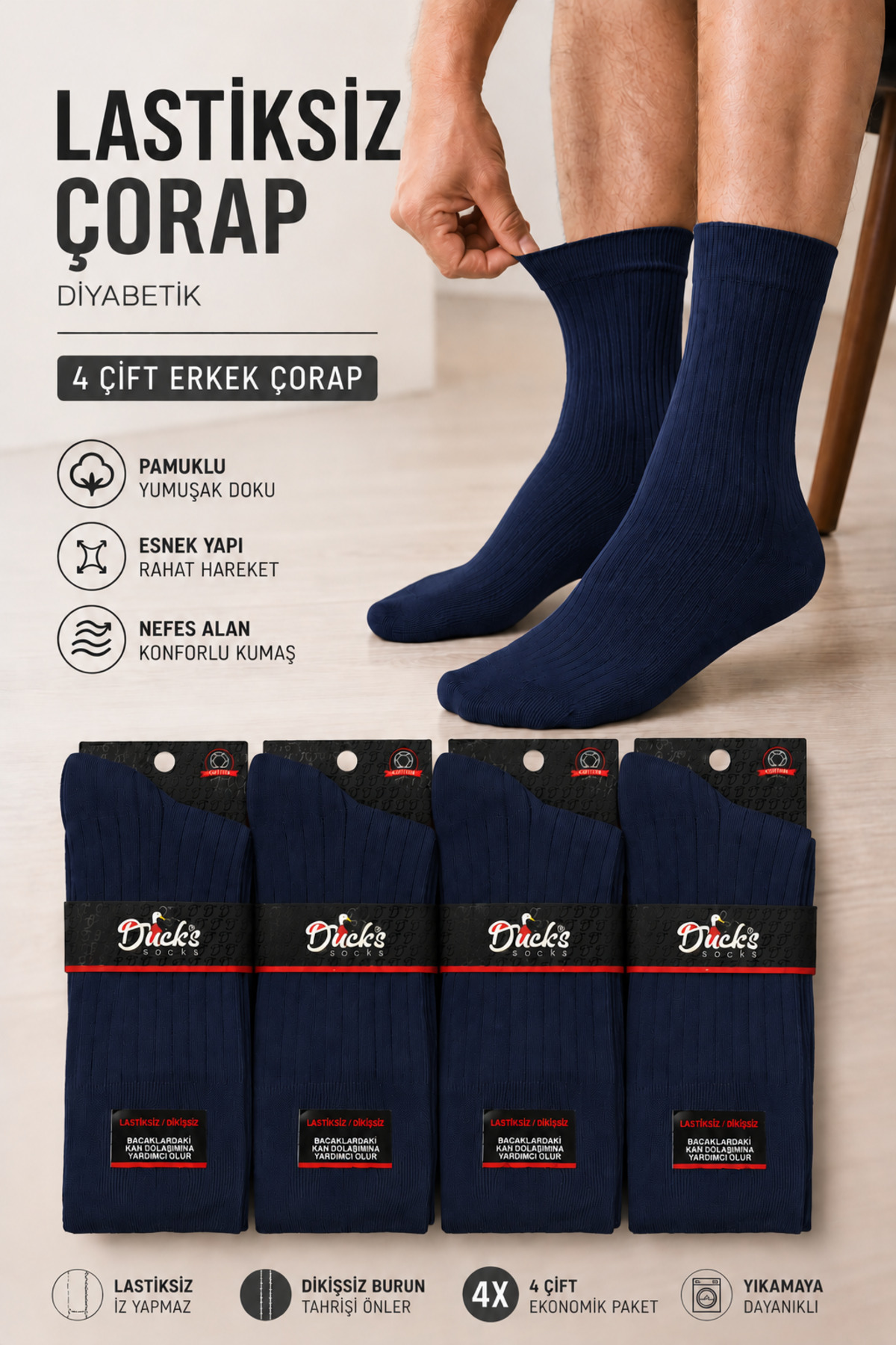 Erkek Lastiksiz Çorap Çizgili Dikişsiz Uzun Konç Pamuklu Ayağı Sıkmayan 4'lü Set Derbili Erkek Çorap Lacivert