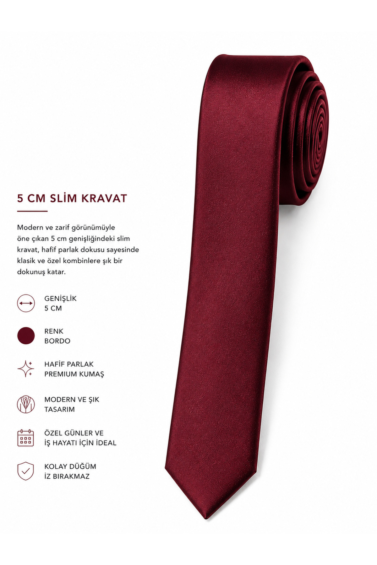 FABIO CASSEL Bordo Düz Saten Hafif Parlak Mendilli Kravat 5CM görsel 2